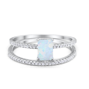 Art Deco Two Piece Wedding Ring Radiant Lab Created White Opal 925 Sterling Silver